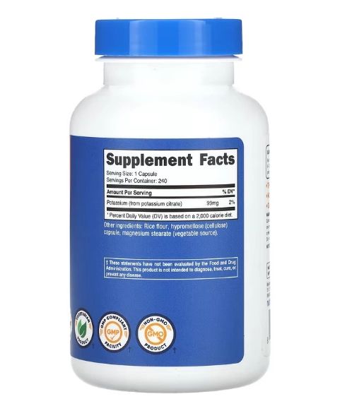 Potássio 99mg, 240 cápsulas, Nutricost