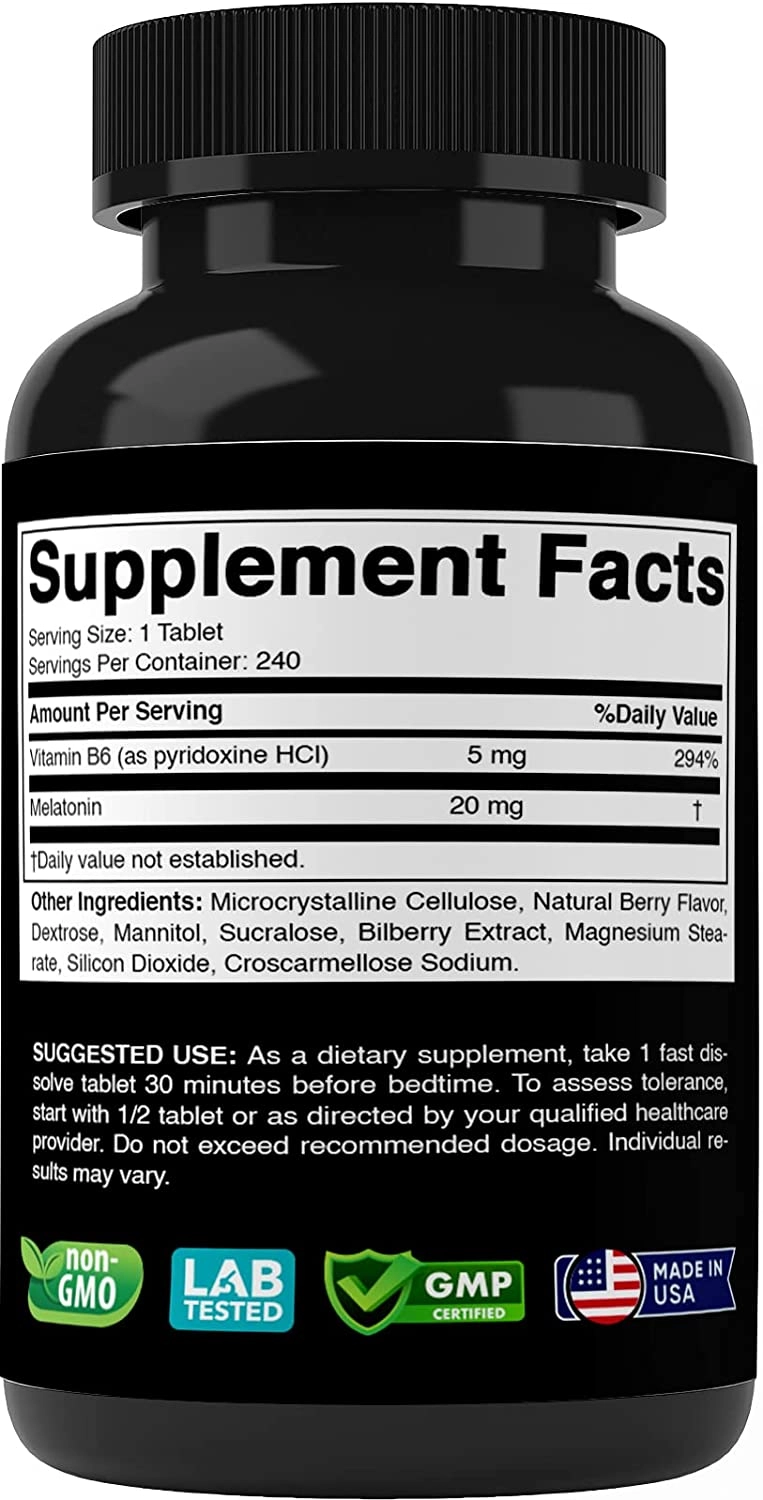 Melatonina, 20mg, 240 comprimidos de dissolução rápida, Com Vitamina B6, Vitabod
