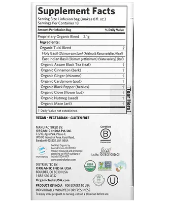 Chá de Tulsi, Masala Chai, 18 Sacos de Infusão, 37,8g Índia Orgânica