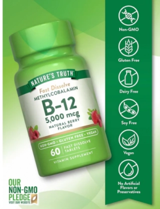 Vitamina B-12 5000mcg Metilcobalamina, 60 comprimidos Sabor Morango, Nature's Truth