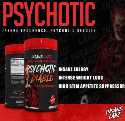 Termogênico Psychotic Diablo, Queimador de Gordura, 60 Cápsulas, Insane Labz