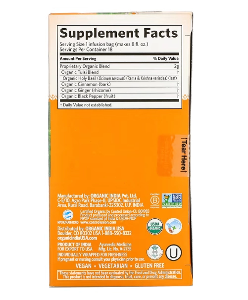Chá Suporte Imunológico, Tulsi Immune, Sem Cafeína, 18 Saches, Organic India, Sabores