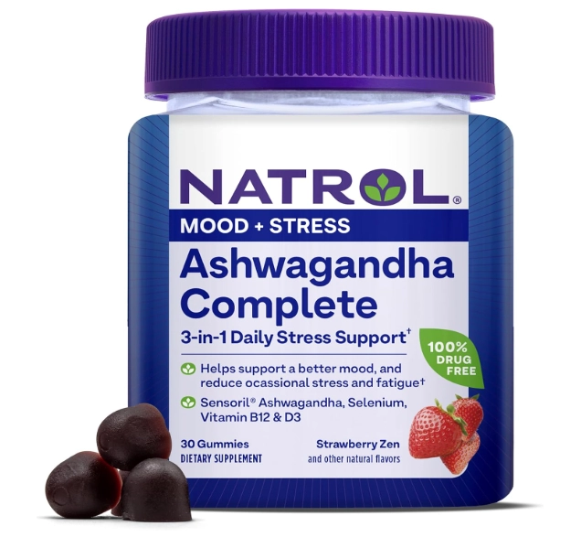 Ashwagandha 125mg, 3 em 1 Daily Stress Support, 30 Gomas Sabor Morango, Natrol