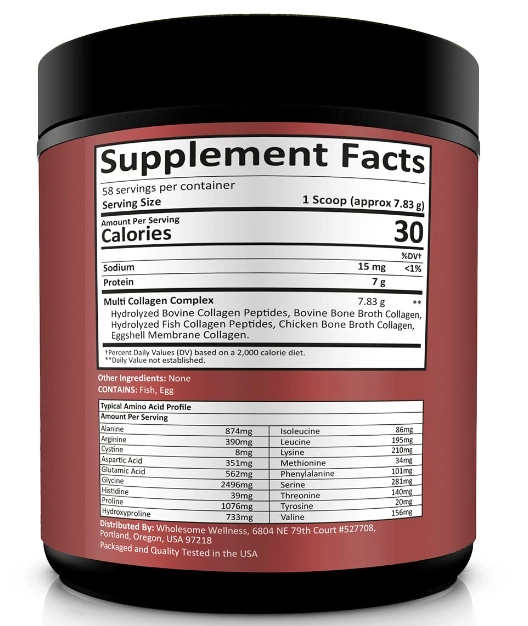 Multicolágeno Hidrolisado Tipo I II III V X, com Peptídeos, 454g Sem Sabor, Wholesome Wellness 