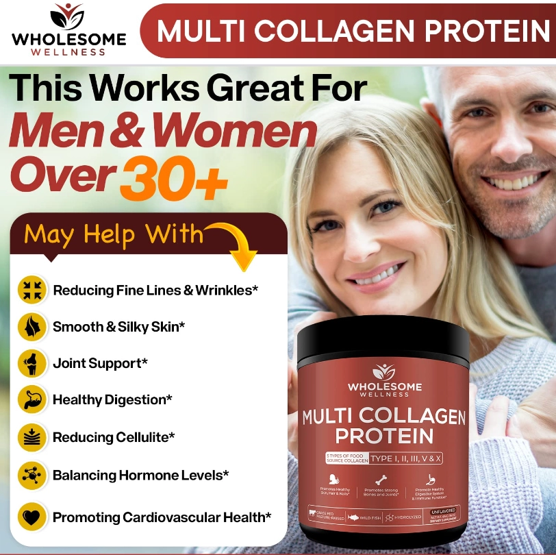 Multicolágeno Hidrolisado Tipo I II III V X, com Peptídeos, 454g Sem Sabor, Wholesome Wellness 