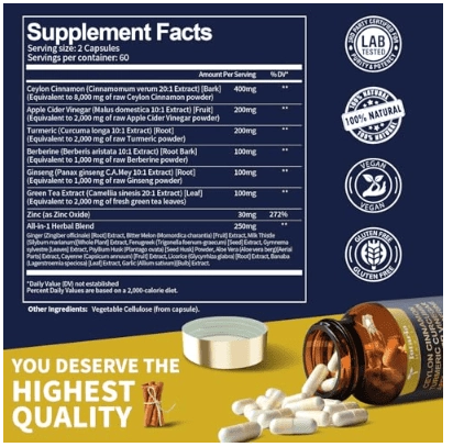 Canela Ceylon 18 em 1 com Vinagre de Maçã, Cúrcuma, Berberina, Ginseng e Melão Amargo, 120 Capsulas, Totaria Health