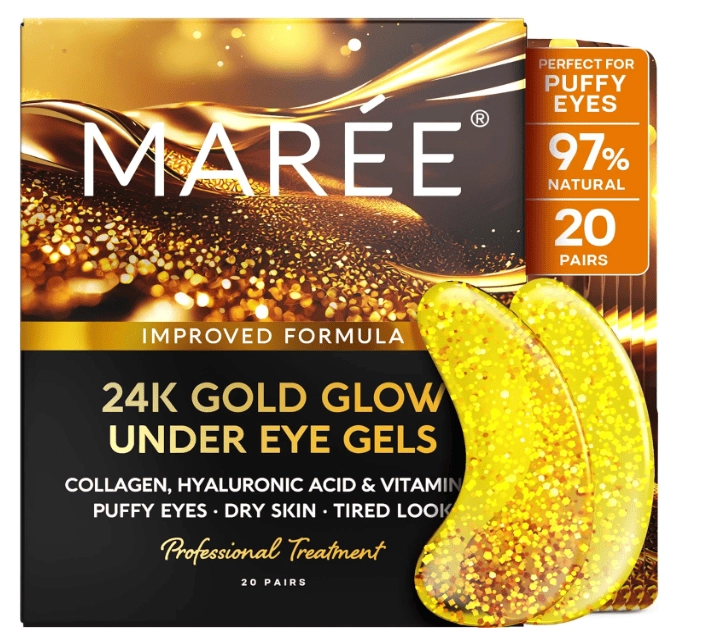 Géis para Olheiras 24k Gold, 20 Almofadas de Gel para Cuidados com a Pele com Colágeno e Ácido Hialurônico, Marée