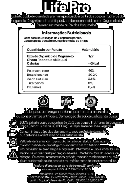 Extrato Chaga, Cogumelo do Antienvelhecimento, Para Pele e Bem-estar Digestivo, 90 Cápsulas, Microdose Life