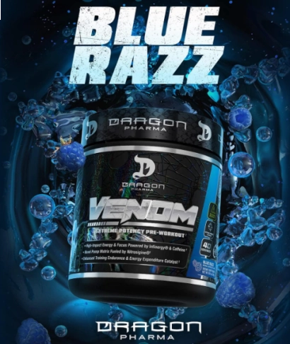 Pré Treino Venom Extreme, Foco e Energia, 196g Sabor Blue Raspberry, Dragon Pharma