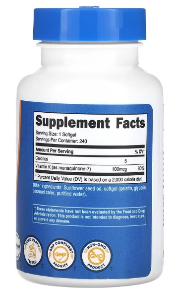 Vitamina K2 100mcg, 240 Cápsulas, Nutricost