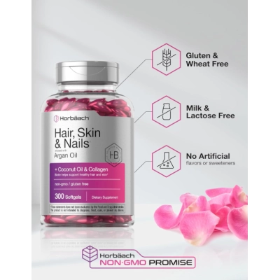Hair Skin Nails, Cabelo, Pele e Unhas com Biotina, Colágeno e Óleo de Argan, 300 Cápsulas, Horbaach