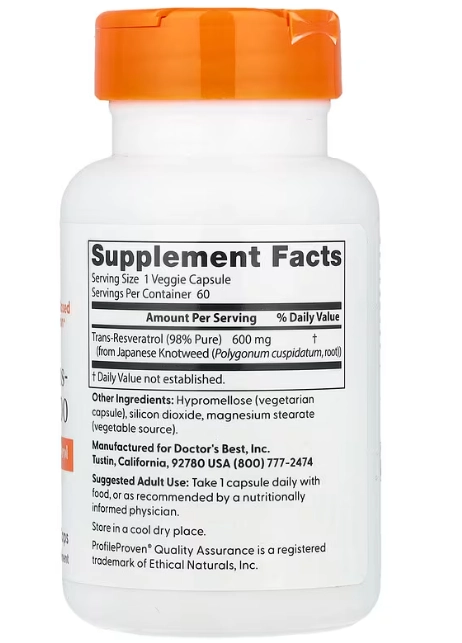 Trans-Resveratrol de Alta Potência 600mg, 60 Cápsulas, Doctor's Best