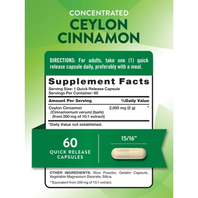  Ceylon Cinnamon, Canela do Ceilão 2000mg, 60 Cápsulas, Nature's Truth