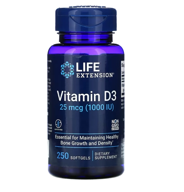 Vitamina D3 25mcg, 1000IU, 250 Cápsulas Softgel, Life Extension