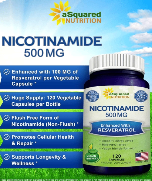 Nicotinamida com Resveratrol, Com Vitamina B3 500mg, 120 cápsulas, aSquared Nutrition