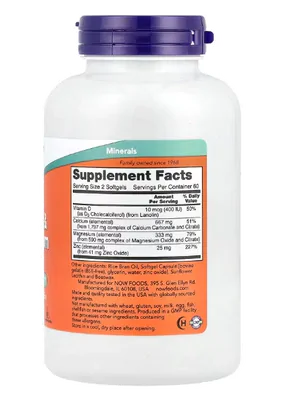 Cálcio e Magnésio com Vitamina D3 e Zinco, 120 Softgels, Now