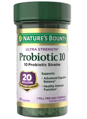 Ultra Strength Probiótico 10, 20 bilhões, 70 Cápsulas, Nature's Bounty