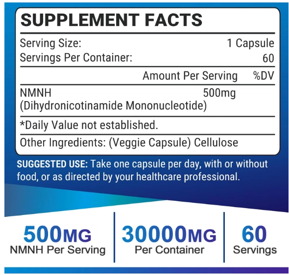 NMNH, Mononucleótido de Dihidronicotinamida 500mg, 60 Cápsulas, Ucessuyy