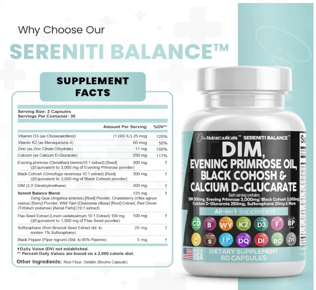 Serenti Balance, DIM 300mg Com Prímula, Cohosh preto, D-glucrato de Cálcio, 60 Cápsulas, Clean Nutraceuticals