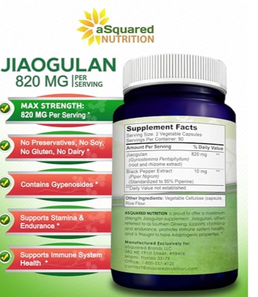 Jiaogulan 820mg Com Extrato de Pimenta Preta, Ativador AMPK, 180 Cápsula, aSquared Nutrition