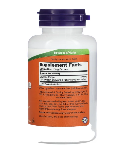 Cayenne, Pimenta Caiena 500mg, 100 Cápsulas, Now