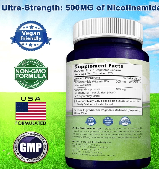 Nicotinamida com Resveratrol, Com Vitamina B3 500mg, 120 cápsulas, aSquared Nutrition