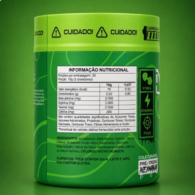 Pré-Treino Nexmania, 280mg de Cafeína + Beta-Alanina + Arginina + Taurina, 300g, Sabores, Nexlife