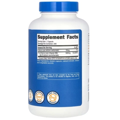 Ácido Pantotênico 500mg, Vitamina B5, 240 Cápsulas, Nutricost