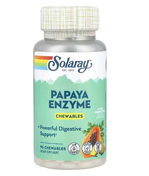 Enzimas de Mamão, Abacaxi Natural, 90 Comprimidos Mastigáveis, Solaray