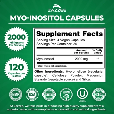 Myo-Inositol 2000mg, Hormonal, Metabolismo e Qualidade de Vida, 120 Cápsulas, Zazzee