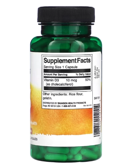 Vitamina D3 400UI, 250 Cápsulas, Swanson
