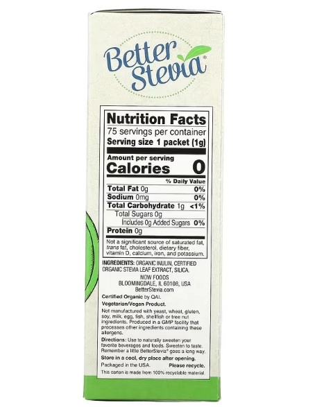 Adoçante com Zero Calorias, Orgânico, 75 Pacotes, 75g, Better Stevia, Now