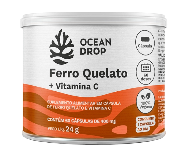 Ferro Quelato Com Vitamina C, 60 Cápsulas, Ocean Drop