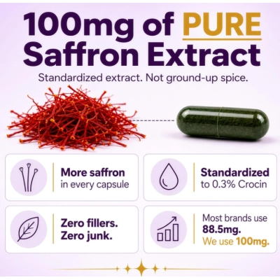 Saffron+ Suplemento de Açafrão 100mg, 9 em 1 para Estresse, Calma, Sono e Relaxamento, 60 Cápsulas, Plus+Ultra