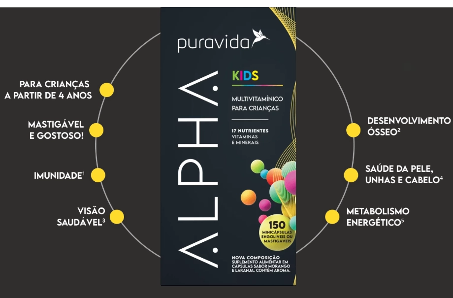 Multivitamínico Alpha Kids,150 Mini Cápsulas, PuraVida