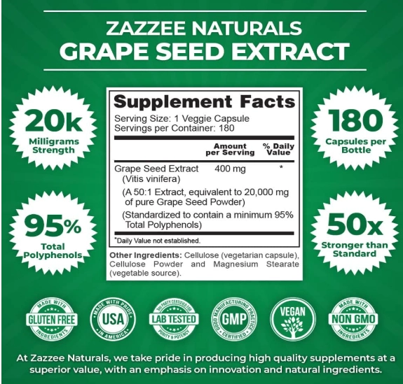 Grape Seed Extract, Semente de Uva 20.000mg, 180 Cápsulas,  Zazzee