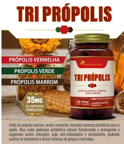 Tri Propolis Vermelha, Verde e Marrom, 60 Cápsulas, Flora Nativa