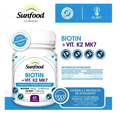 Biotina com Vitamina K2 Mk7, 60 Capsulas, Sunfood