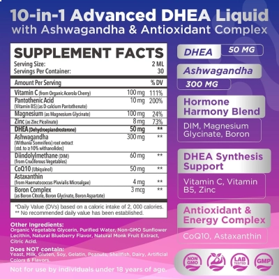 Dhea 50mg + Ashwagandha, 60ml, Sabor Mirtilo, Natisland