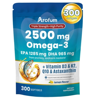 Omega 3, Fish Oil 2500mg, com Vitamina D3 e K2, 300 Cápsulas Sabor Limão, Arofum