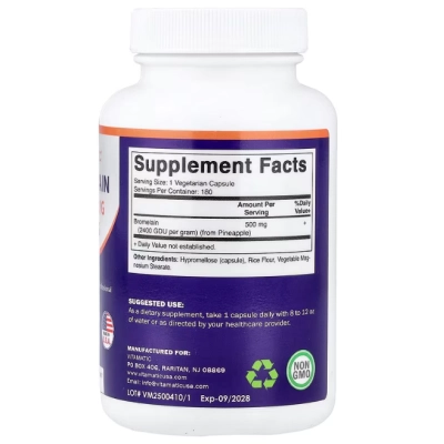 Bromelain 500mg, Bromelina Enzima Digestiva natural, 180 Cápsulas, Vitamatic