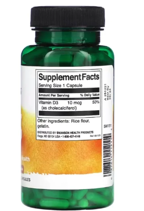 Vitamina D3 400UI, 250 Cápsulas, Swanson