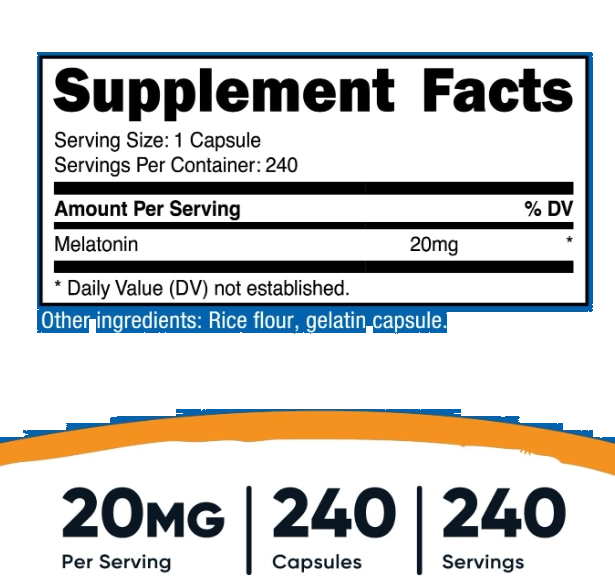 Melatonina 20mg, 240 Cápsulas, Nutricost 