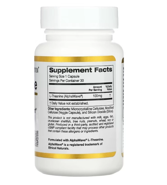 L-Theanine, Relaxamento e Focus, 100mg, 30 Cápsulas, California Gold