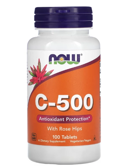 Vitamina C-500 com Rosa Mosqueta, 100 Comprimidos, Now