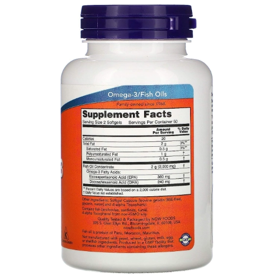 Ômega-3, 1000mg, 180 EPA/120 DHA, 100 Cápsulas, Now