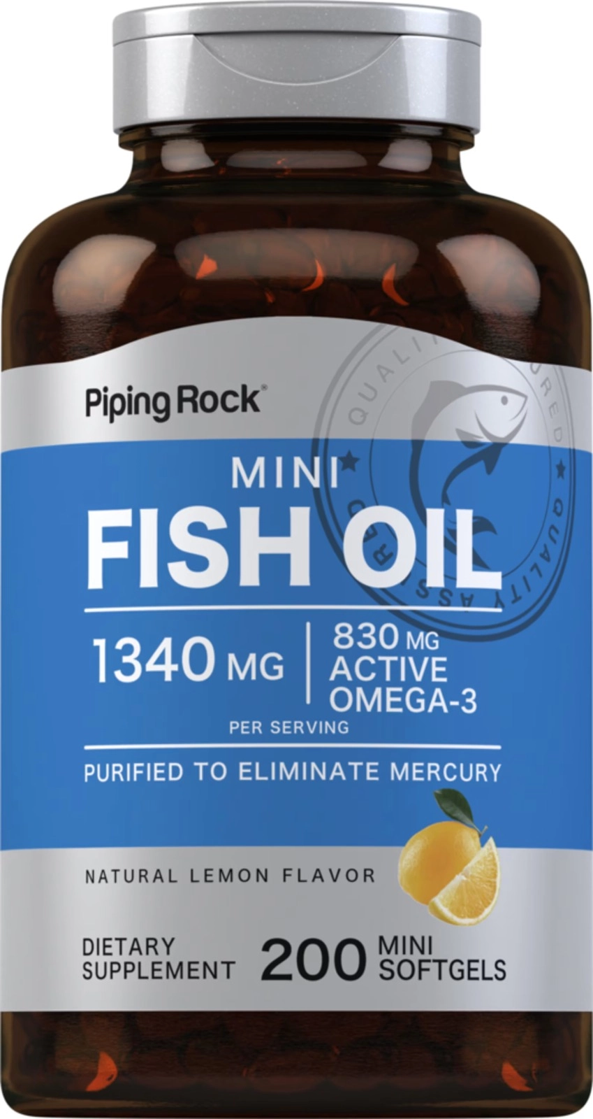 Mini Ômega-3, Óleo de Peixe 1340mg, 200 Mini Cápsulas Sabor Limão, PipingRock
