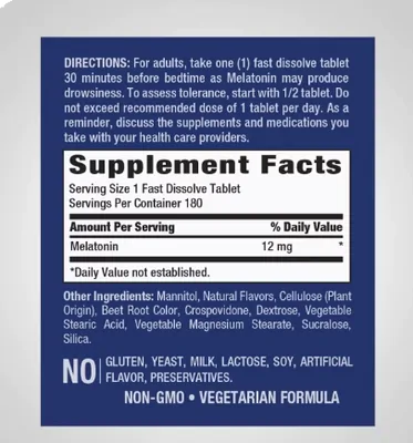 Melatonina 12mg, 180 Comprimidos Fast Dissolve, Frutas Vermelhas, PipingRock