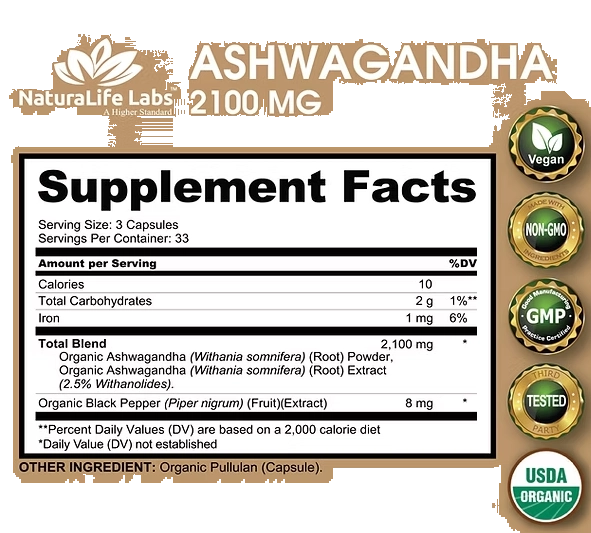 Ashwagandha Orgânica 2100mg, 100 Cápsulas, NaturaLife Labs