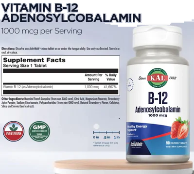 Vitamina  B-12 adenosilcobalamina, 1.000mcg, 90 microcomprimidos Sabor morango, KAL
